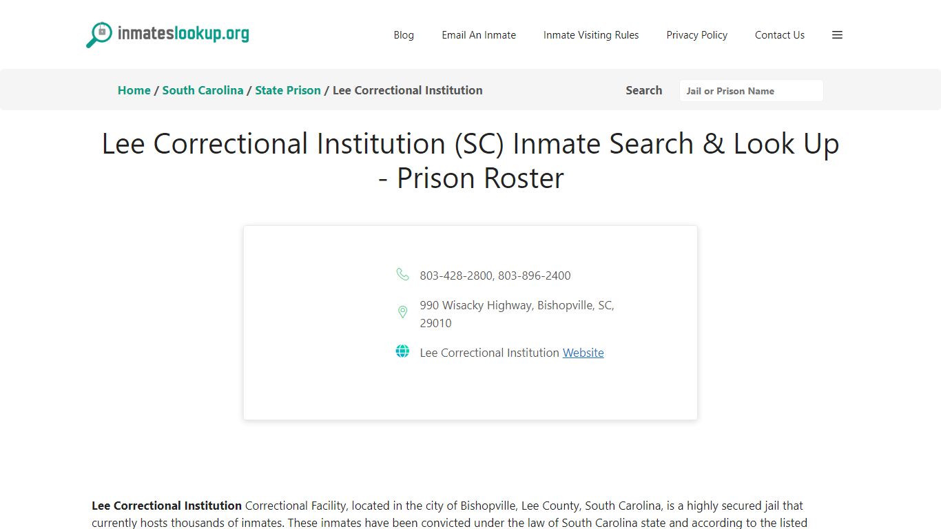 Lee Correctional Institution (SC) Inmate Search & Look Up - Prison Roster
